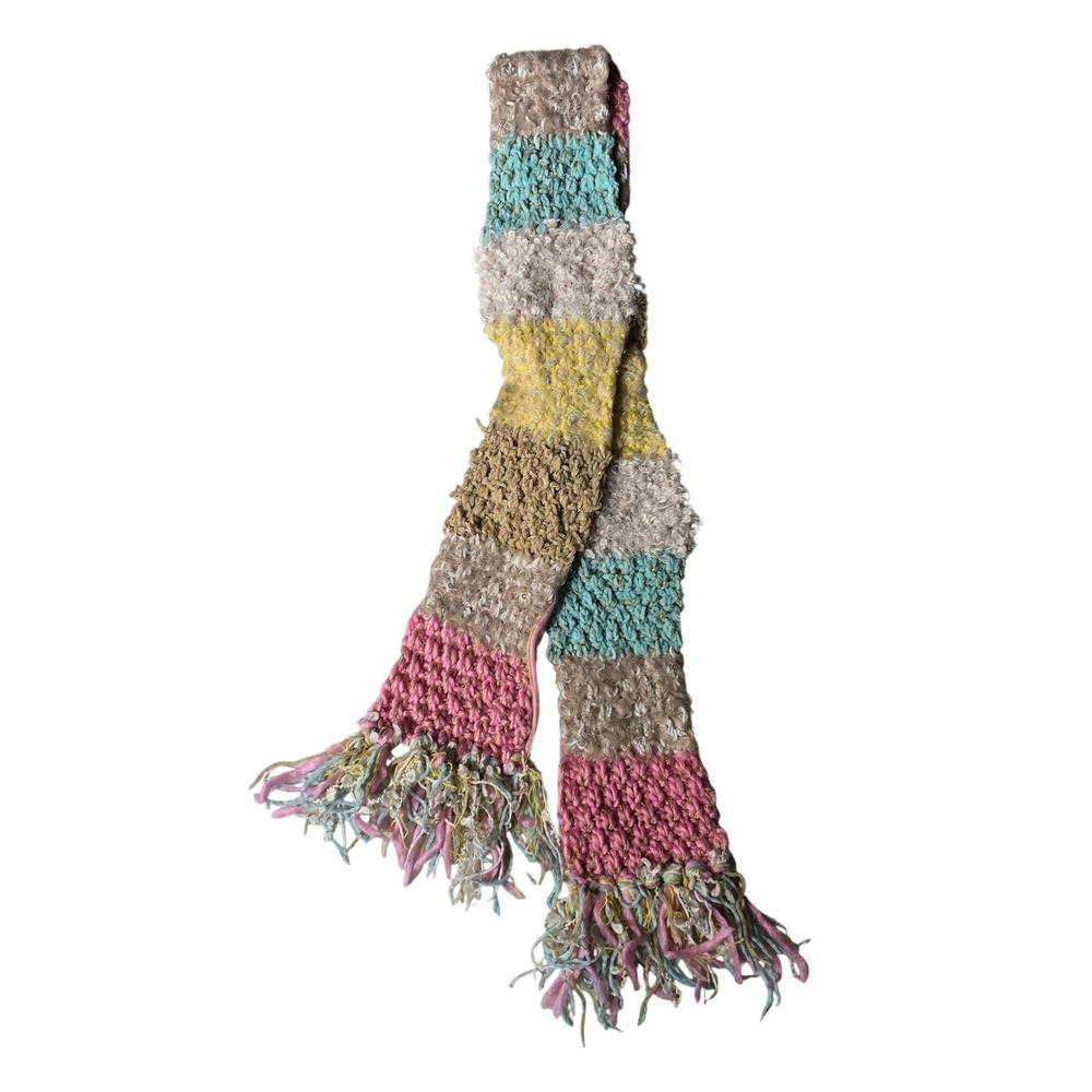Betsey Johnson Vtg Y2K Preppy Colorblock Chunky Knit Metallic Fringe Scarf Pink